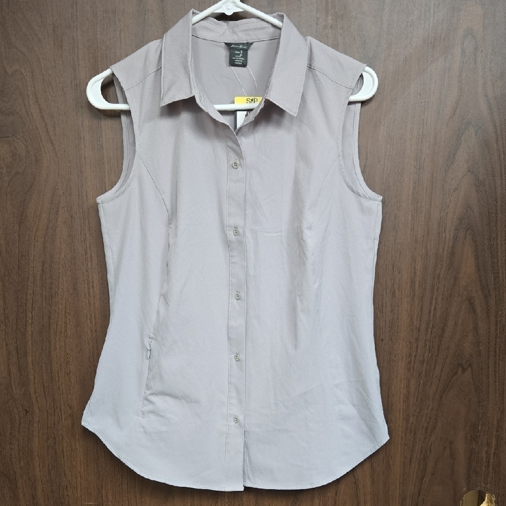 Eddie Bauer Size S Stone Grey Sleeveless Button Down Tech Shirt